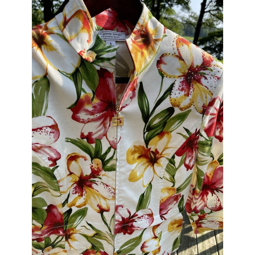 St John Sport By Marie Gray Jacket Rhinestone Multicolor Floral USA Made Size S